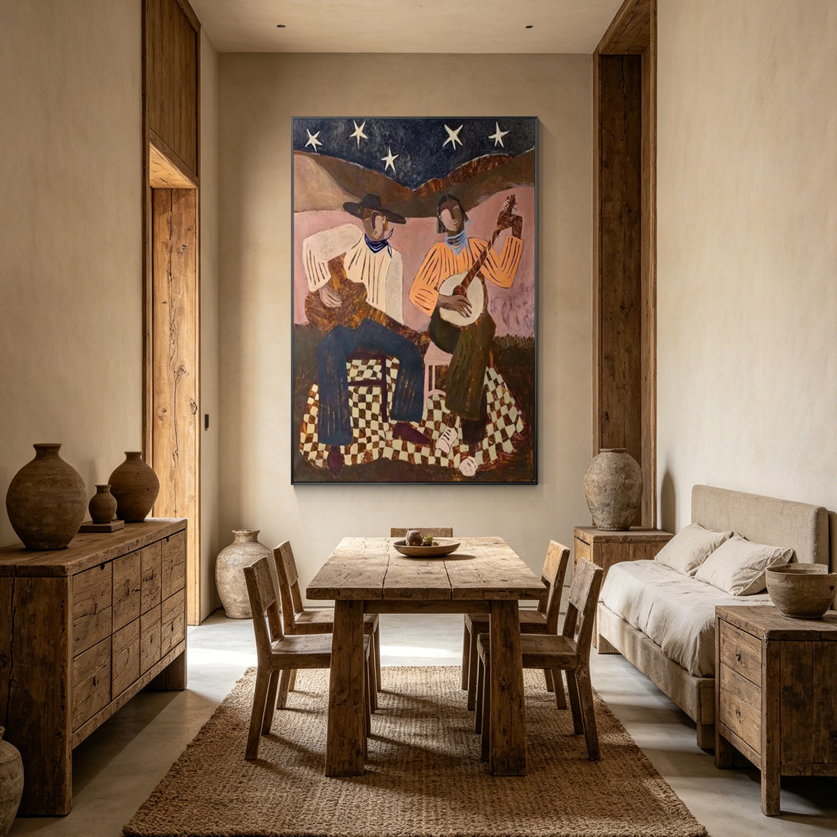 Brown beige navy blue cowboy canvas painting for living room decor