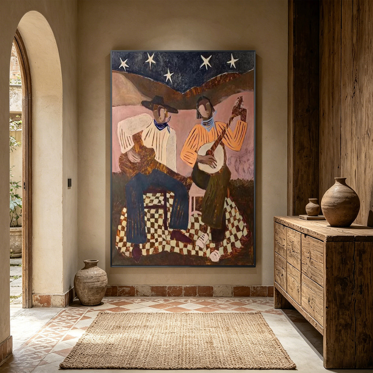 Abstract figurative Western wall art with cowboy bar scene