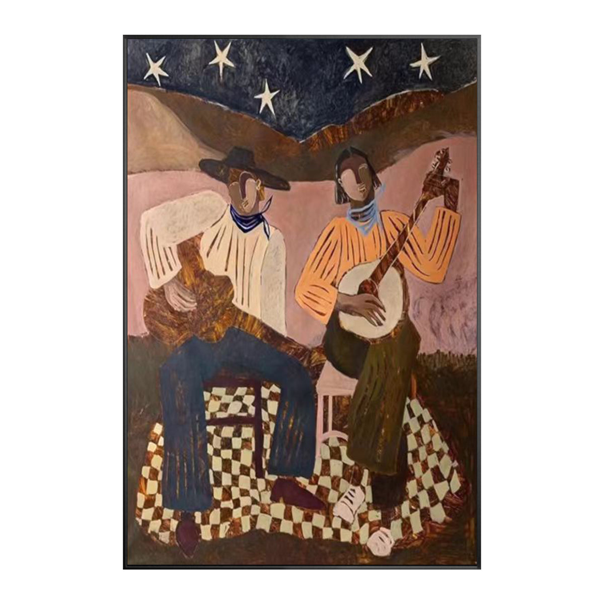 Western cowboy bar scene canvas wall art in brown beige and navy tones