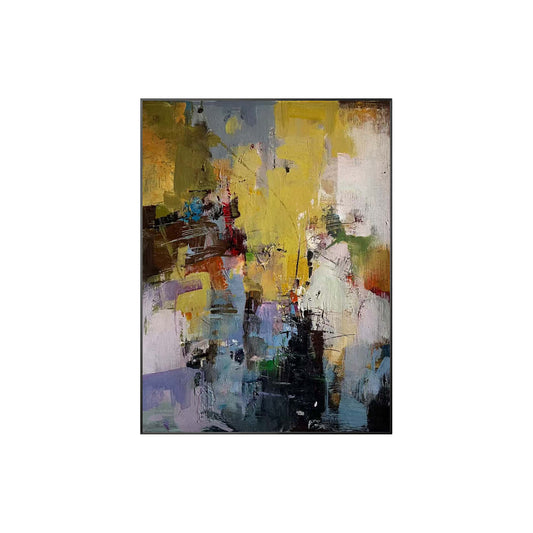 Yellow abstract wall art with colorful textured brushwork